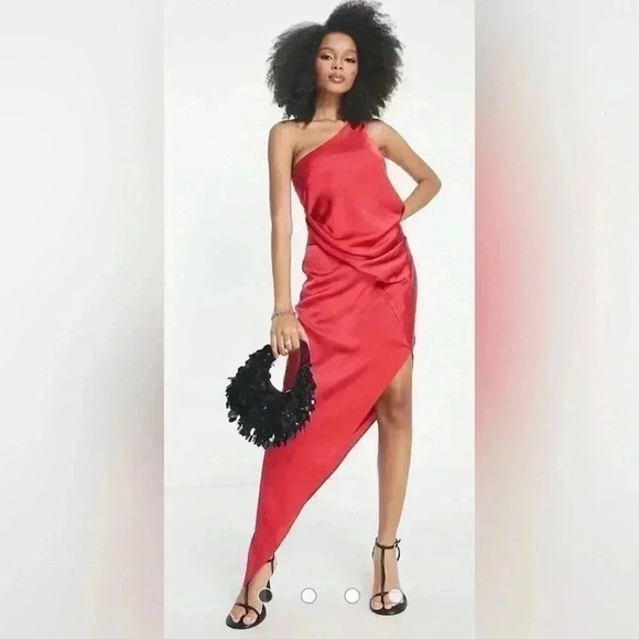 ASOS Dresses & Skirts - ASOS NWOT satin one-shoulder drape midi dress in red size 8